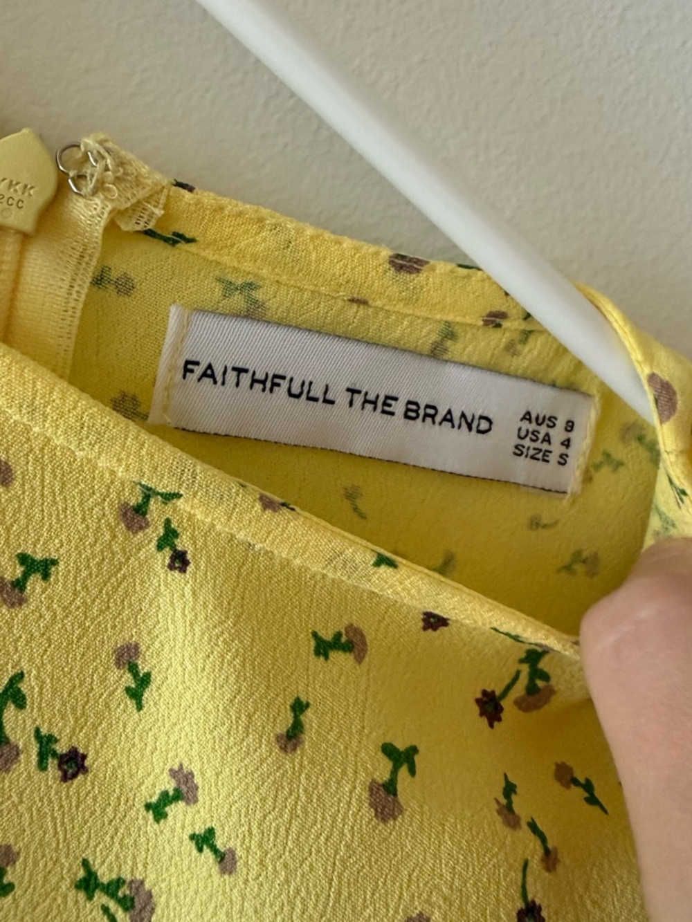 Faithfull The Brand Yellow Mini Dress with Green & Brown Floral Motif